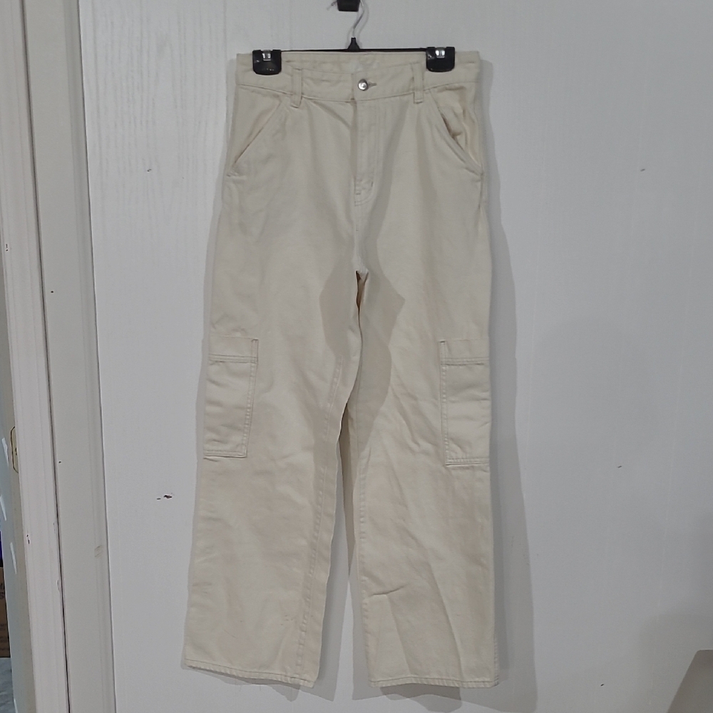H&M Womens Wide Leg Cream Ivory Denim Cargo Jeans Size 8